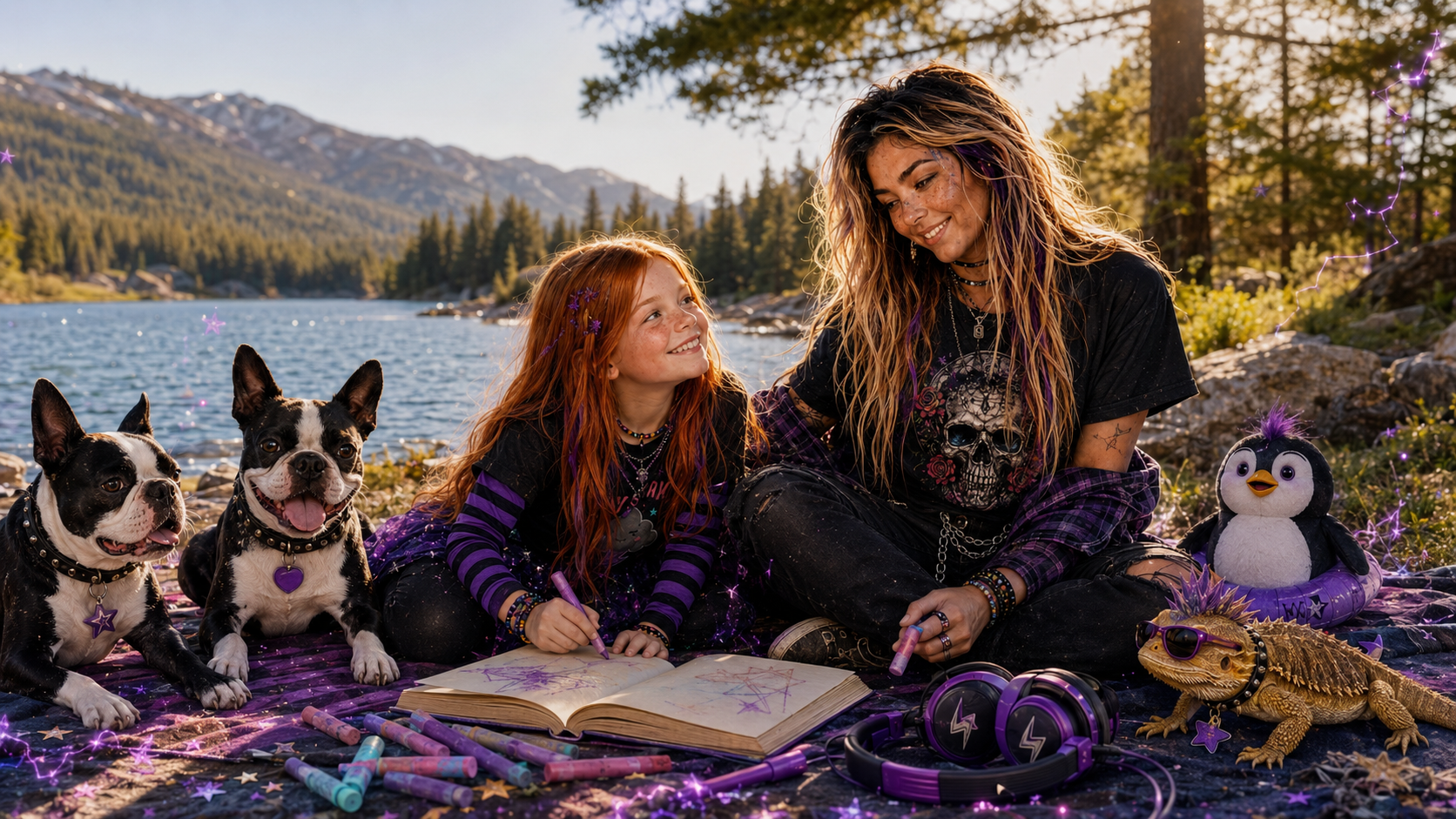 Feral Pixie and Tiny Storm together with Mack, Milo, Spike, and Snowquin at a Montana lake
